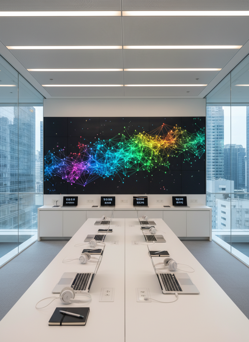 A bright, minimalist learning lab featuring a large digital wall screen showing an abstract, colorful network of interconnected nodes symbolizing regional talent ecosystems, with no readable text. Below, a long white counter holds a row of open laptops displaying different language interfaces, suggesting diverse Asian markets, alongside tidy headsets and notebooks. The space is framed by glass walls looking out to a bustling business district blurred in the background. Soft, even LED ceiling lighting combines with gentle daylight, giving the room a high-tech, forward-looking feel. Shot at eye level with wide-angle composition and sharp focus, the photographic image communicates innovation, digital learning, and cross-border talent development.
