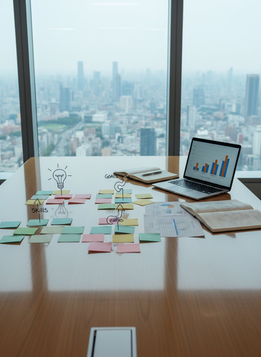 A polished wooden conference table in a high-rise office, surface covered with sticky notes in different pastel colors arranged into clusters labeled by symbols instead of text, representing skills, goals, and learning paths. Nearby, open notebooks with tidy handwritten diagrams, a laptop with a glowing bar chart, and printed competency frameworks are spread out. Through the large window, a hazy Asian megacity skyline is visible under soft overcast daylight. Cool, diffused light fills the room, with gentle reflections on the table. Captured from a slightly elevated angle with moderate depth of field, the composition feels collaborative and analytical, evoking a strategic talent planning session in a modern Asian corporate environment, rendered in clean, photographic realism.